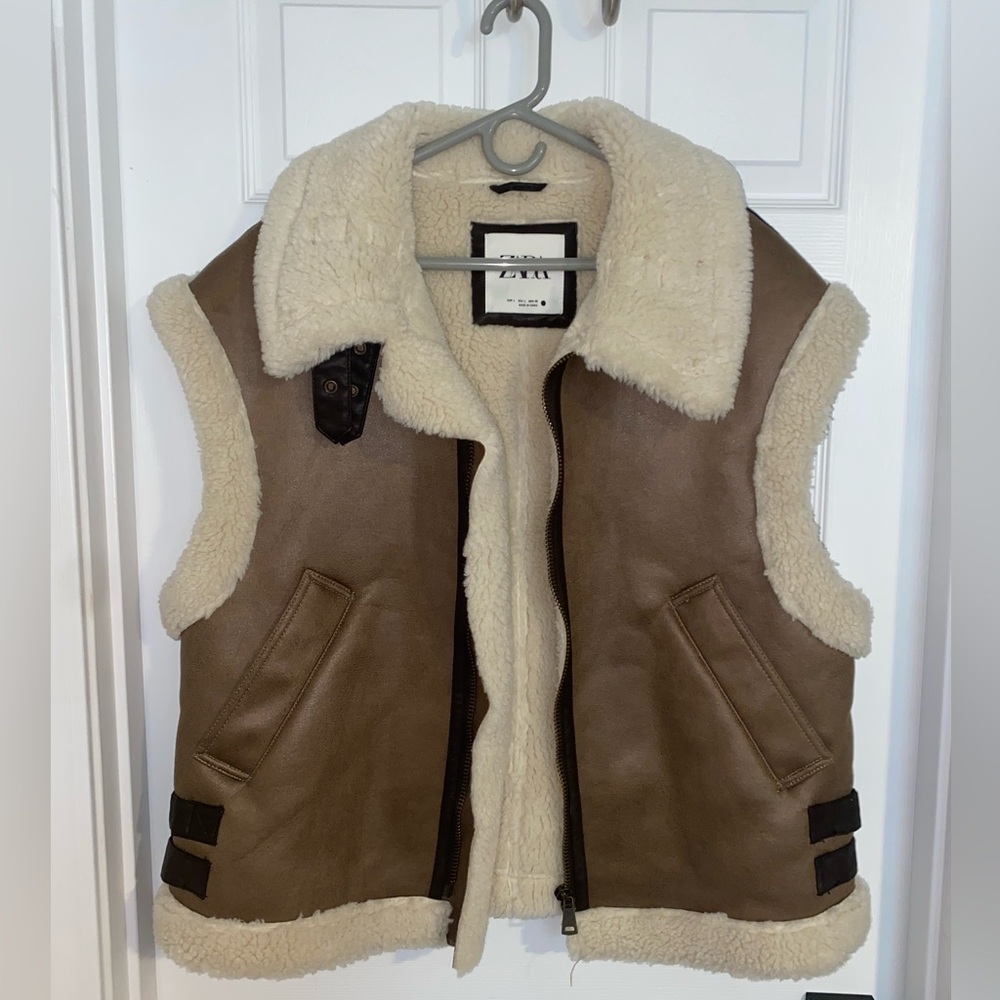 Zara Brown and Cream Shearling Vest NWOT